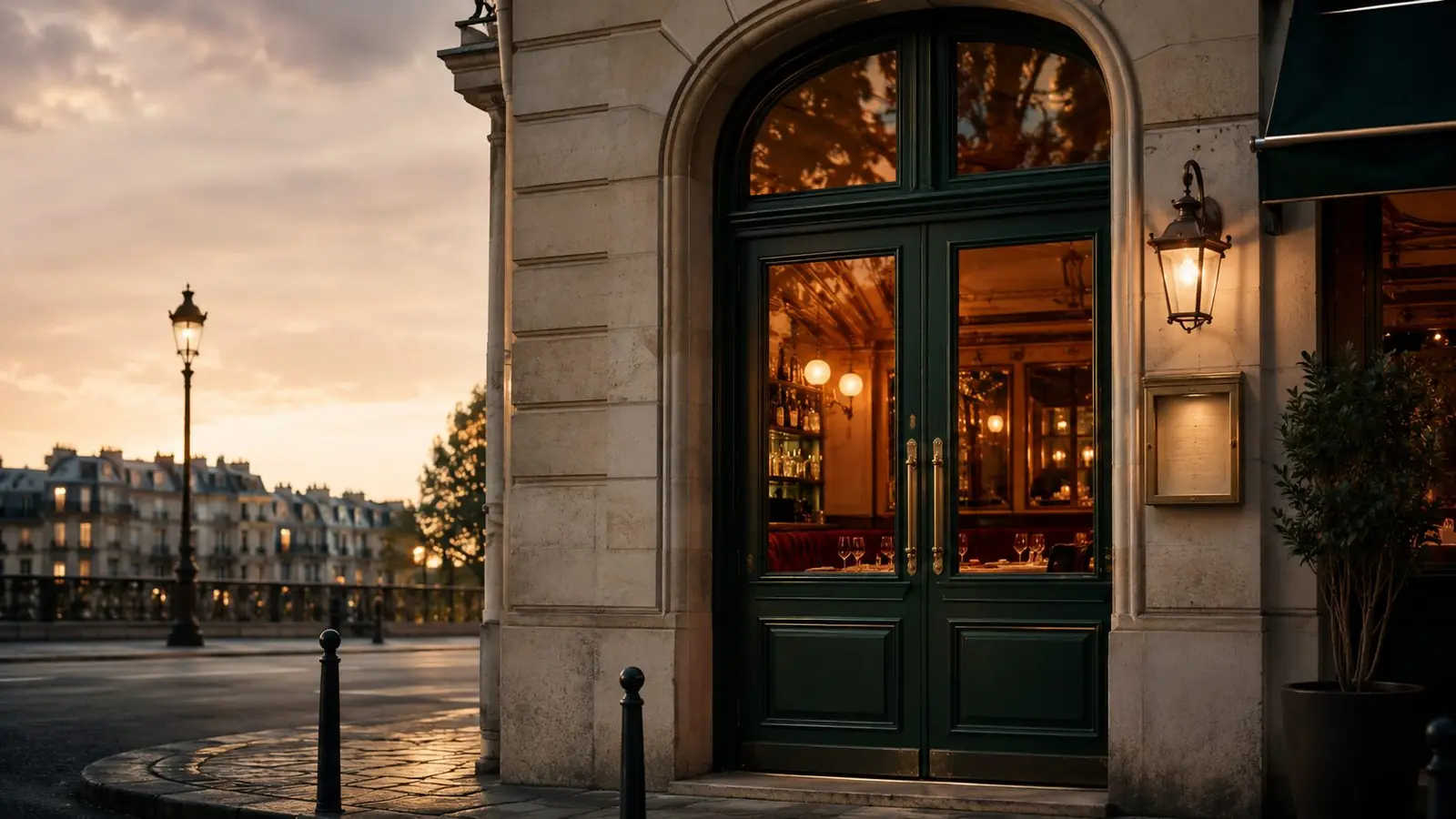 Façade d'une brasserie parisienne à la tombée du jour