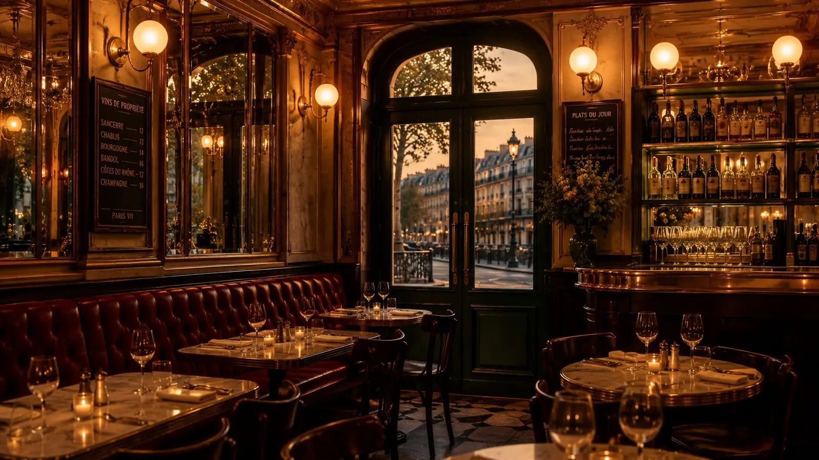 Salle de brasserie avec banquettes rouges et lumière chaude